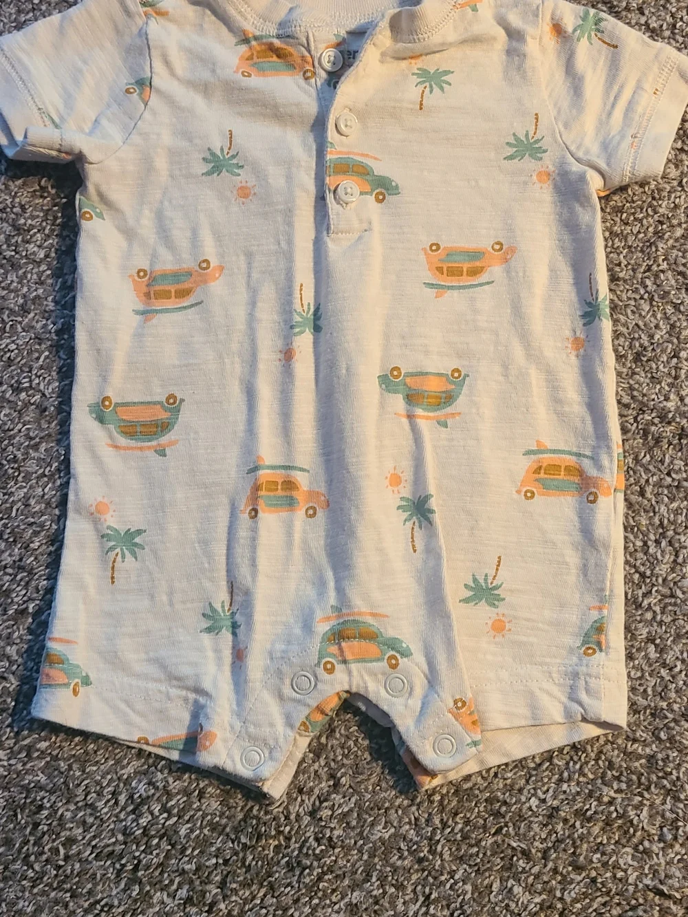 Carter's Cream Short-Sleeve One-Piece with Orange & Teal Car Print